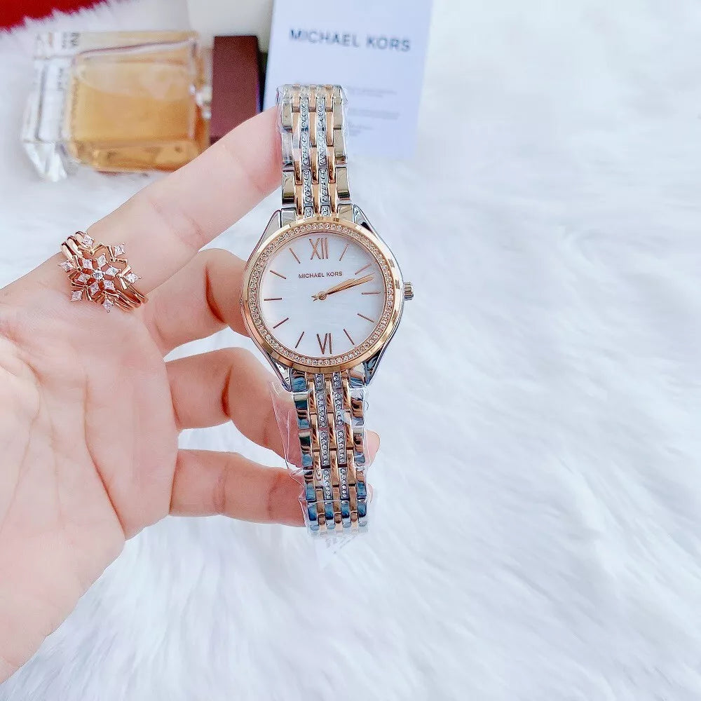 Michael Kors Mindy Three Hand White Dial Two Tone Steel Strap Watch For Women - MK7077