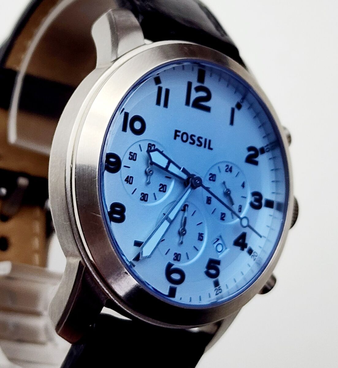 Fossil Pilot Chronograph Sky Blue Dial Black Leather Strap Watch for Men - FS5162