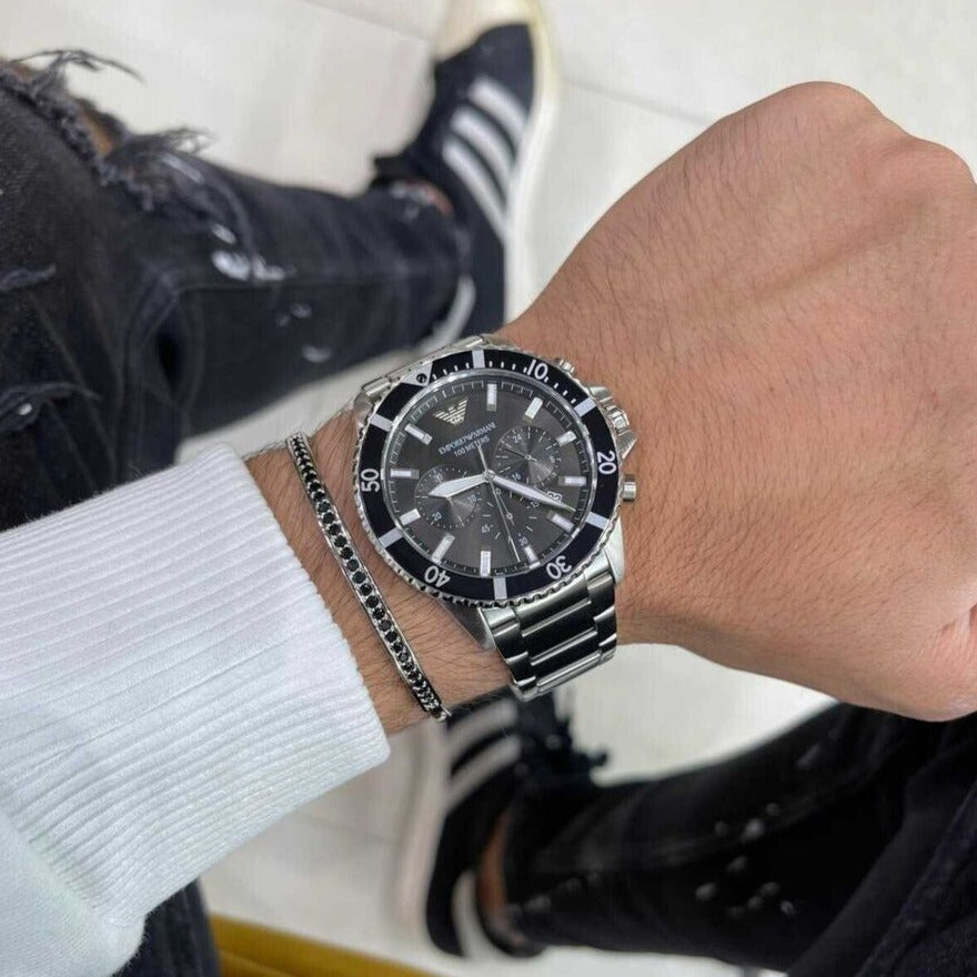 Emporio Armani Diver Chronograph Quartz Black Dial Silver Steel Strap Watch For Men - AR11360