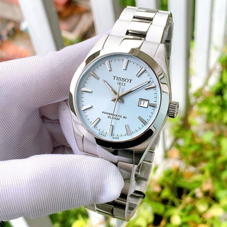 Tissot Gentleman Powermatic 80 Silicium Ice Blue Silver Steel Strap Watch For Men - T127.407.11.351.00