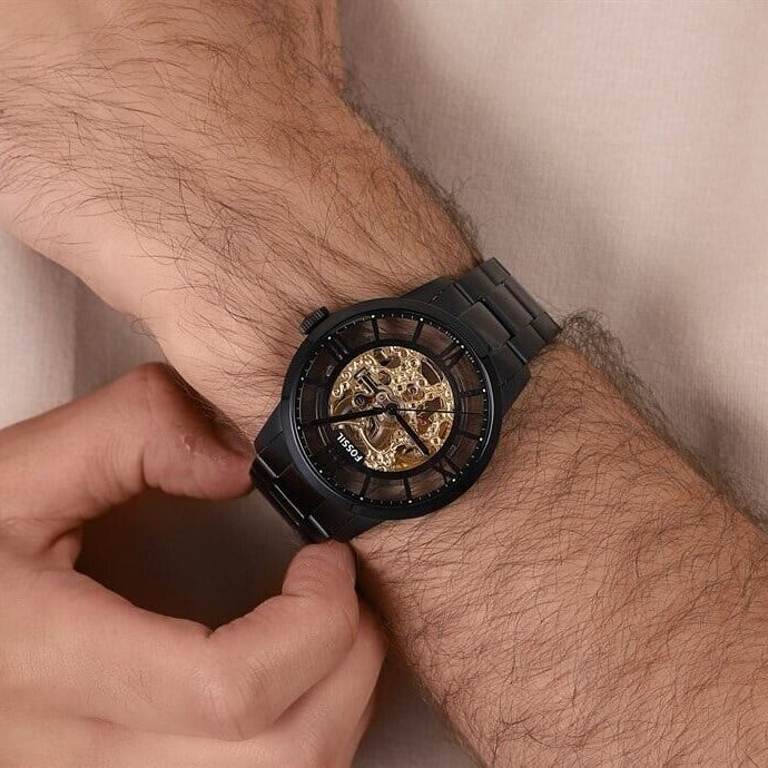Fossil Townsman Automatic Skeleton Black Dial Black Steel Strap Watch for Men - ME3197