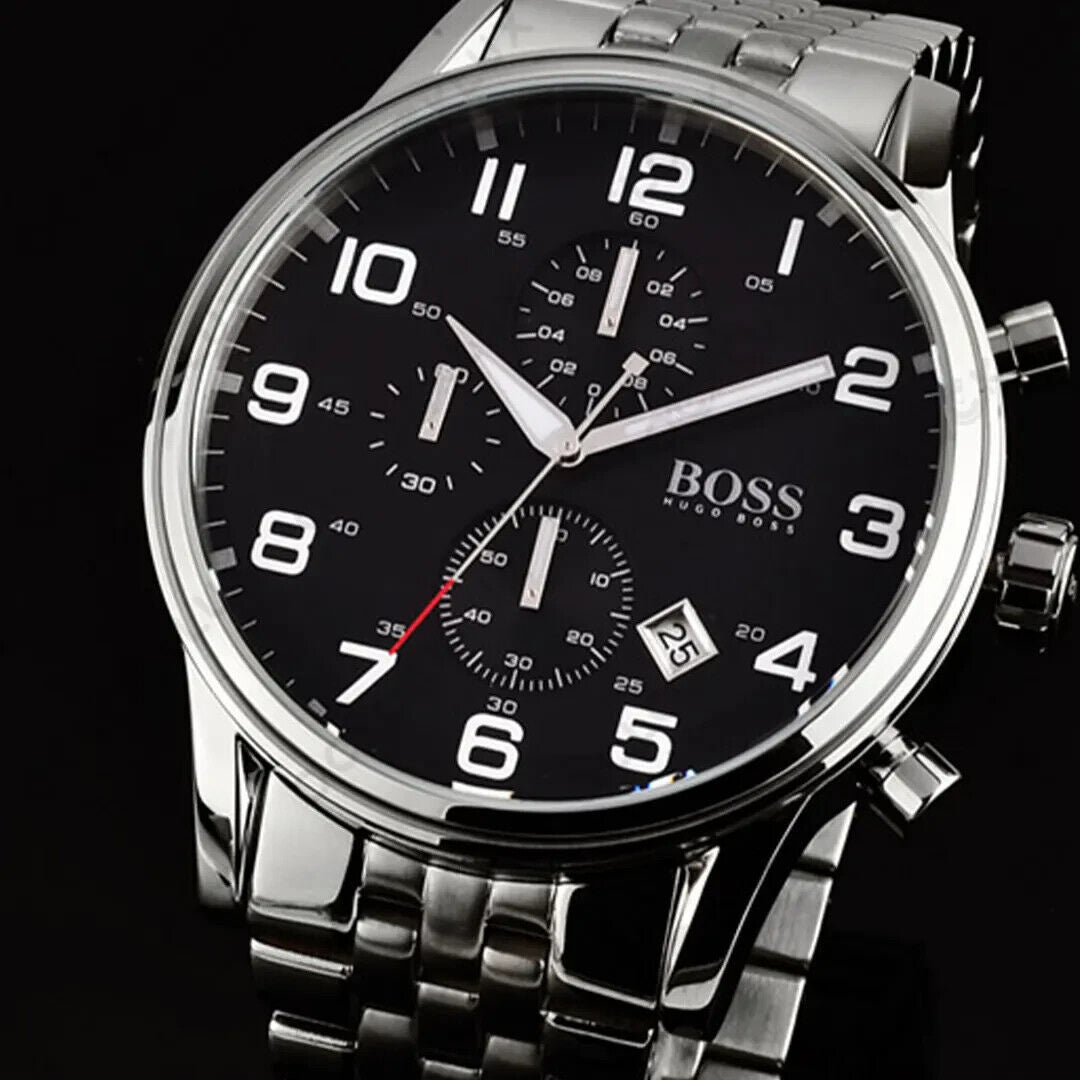Hugo Boss Aeroliner Chronograph Black Dial Silver Steel Strap Watch For Men - 1512446