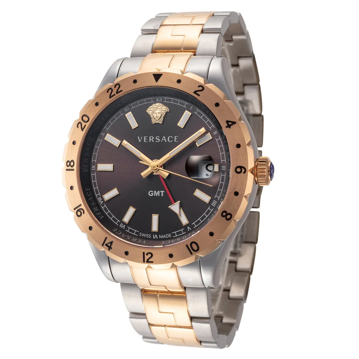 Versace Hellenyium GMT Black Dial Two Tone Steel Strap Watch for Men - V11040015