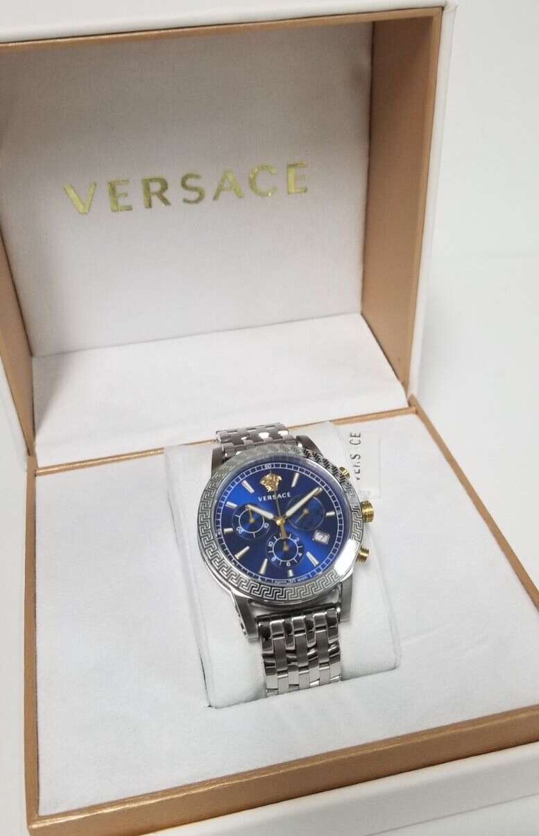 Versace Sport Tech Chronograph Blue Dial Silver Steel Strap Watch for Men - VELT00219