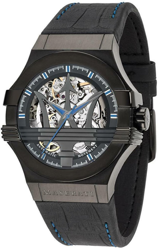 Maserati Potenza Automatic Black Dial Black Leather Strap Watch For Men - R8821108009