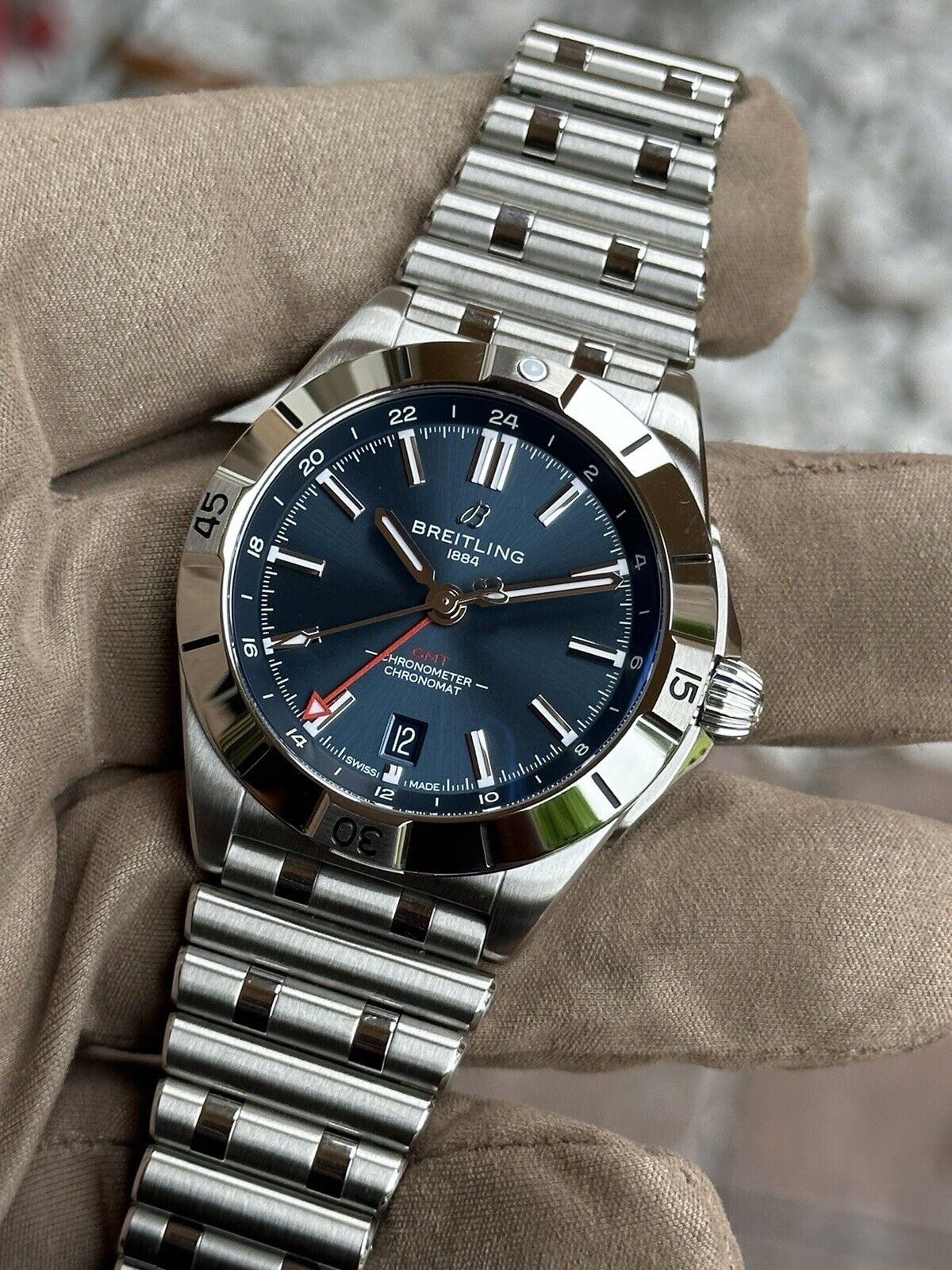 Breitling Chronomat GMT 40 Blue Dial Silver Steel Strap Watch for Men - A32398101C1A1