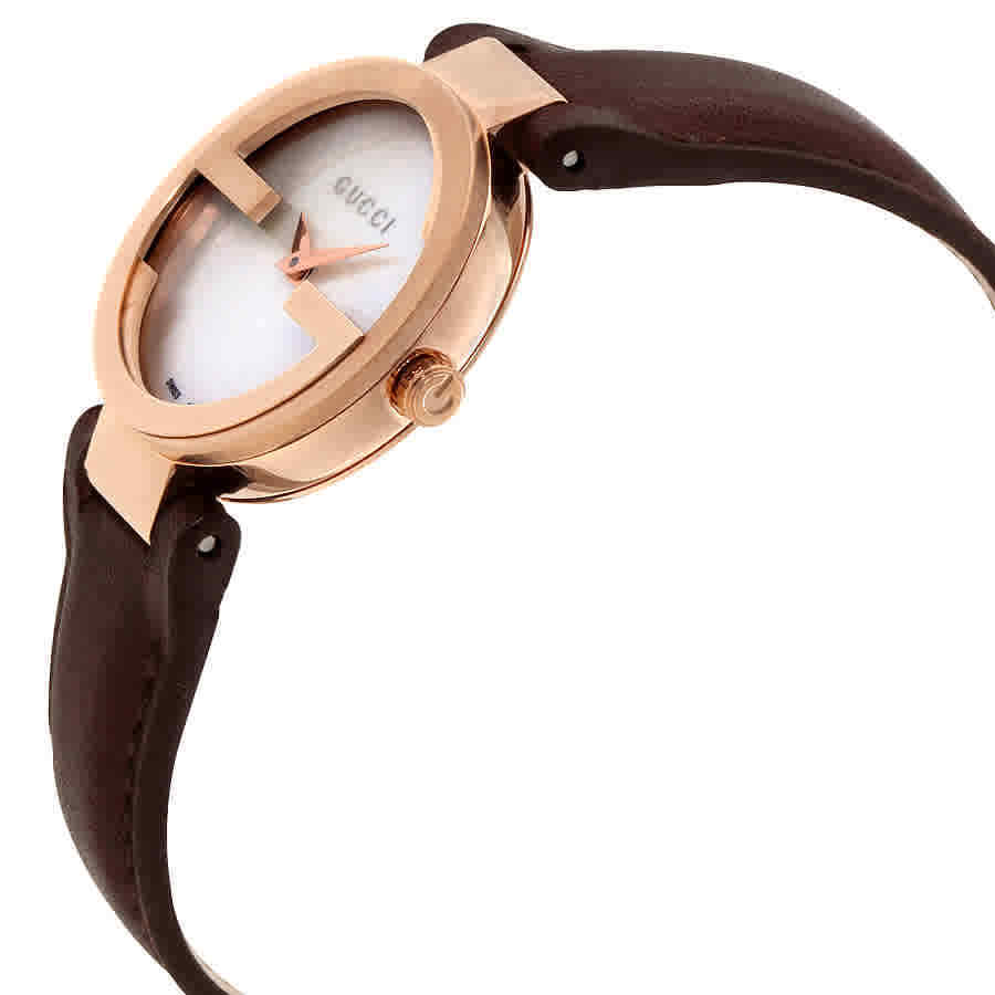 Gucci G Interlocking Mother of Pearl Dial Brown Leather Strap Watch For Women - YA133516