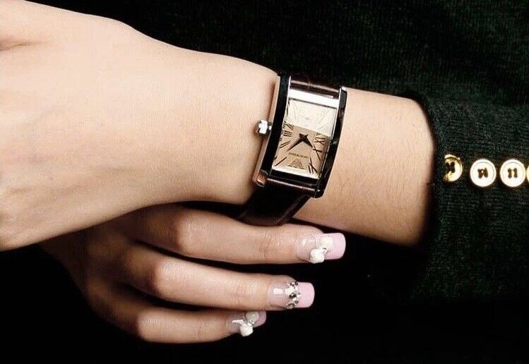 Emporio Armani Classic Beige Dial Brown Leather Strap Watch For Women - AR0155