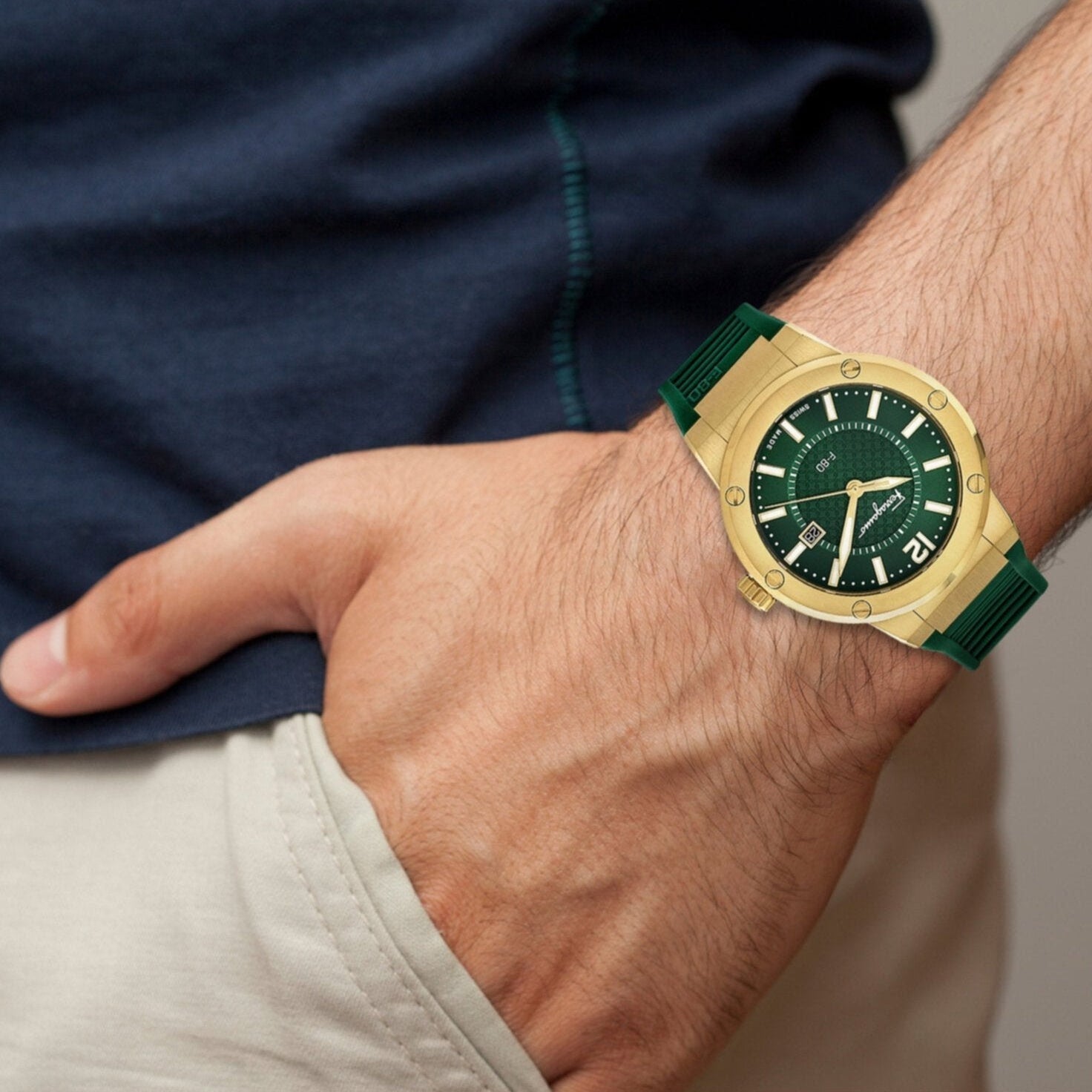 Salvatore Ferragamo F-80 Classic Green Dial Green Rubber Strap Watch for Men - SFHY02022