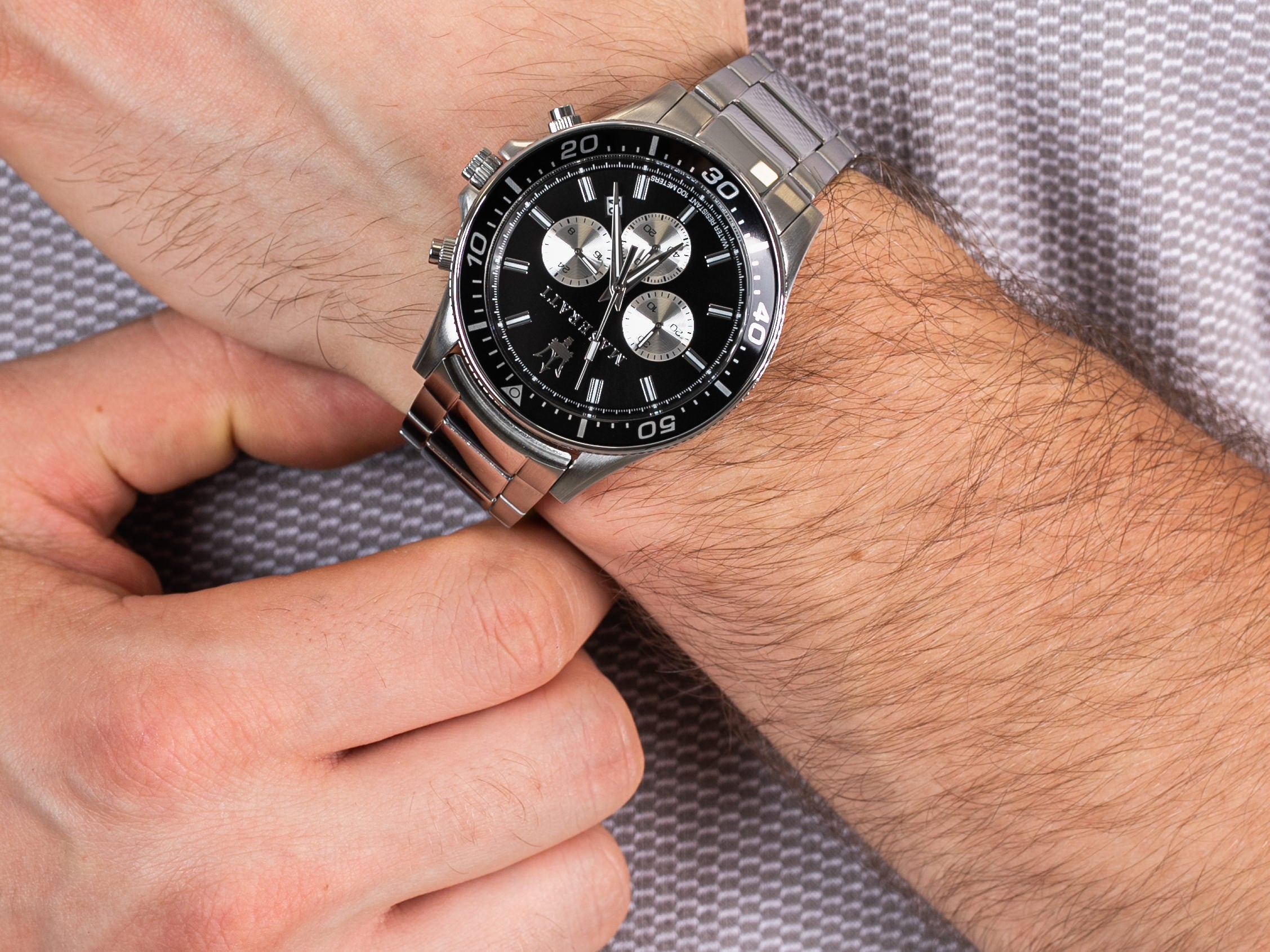 Maserati SFIDA Chronograph Black Dial Silver Steel Strap Watch For Men - R8873640004