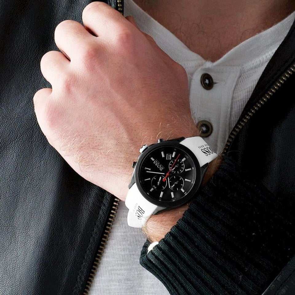 Hugo Boss Velocity Black Dial White Rubber Strap Watch for Men - 1513718