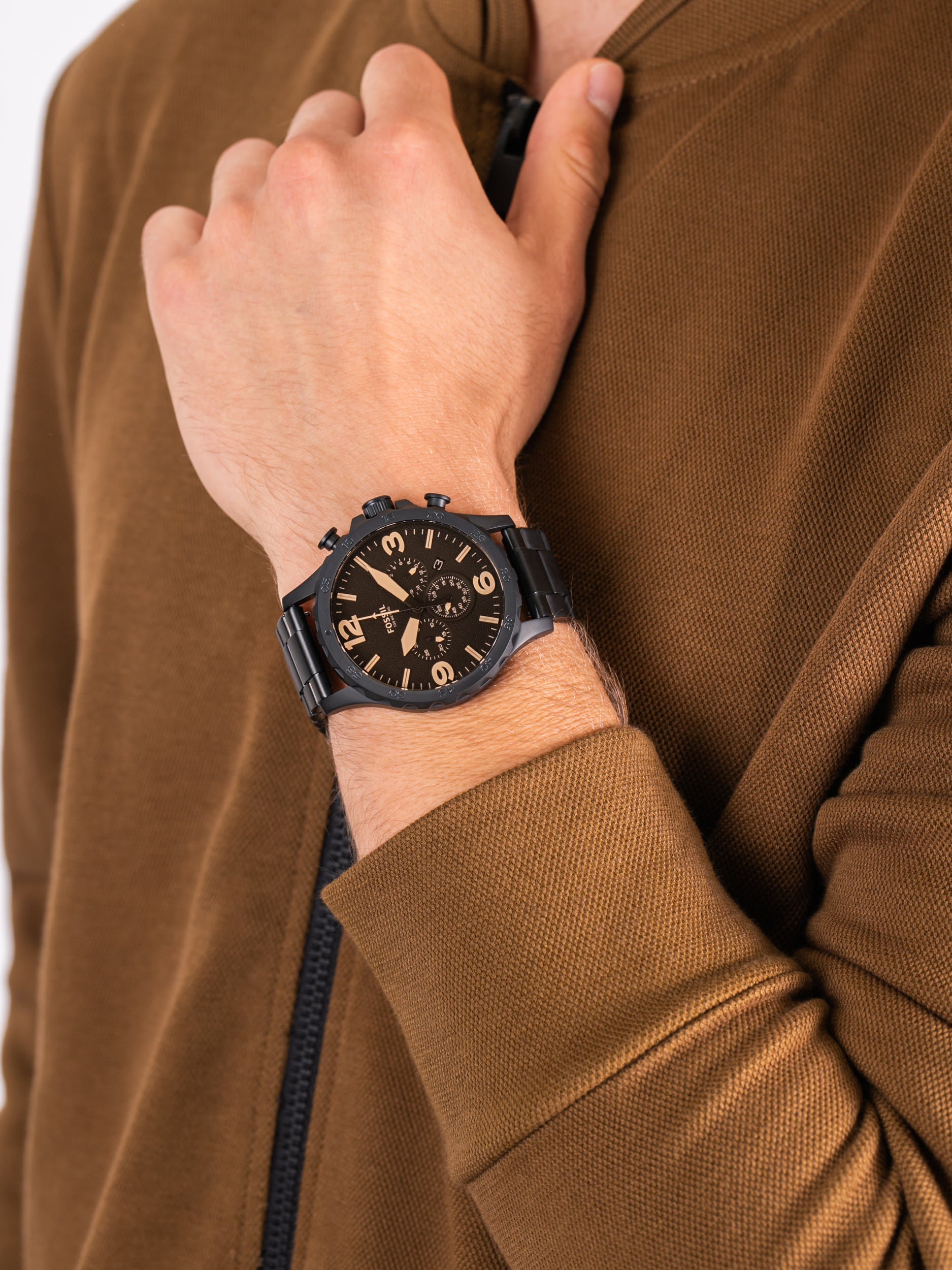 Fossil Nate Chrongraph Ion Plated Black Dial Black Steel Strap Watch for Men - JR1356