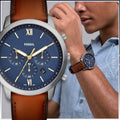 Fossil Neutra Chronograph Blue Dial Brown Leather Strap Watch for Men - FS5453