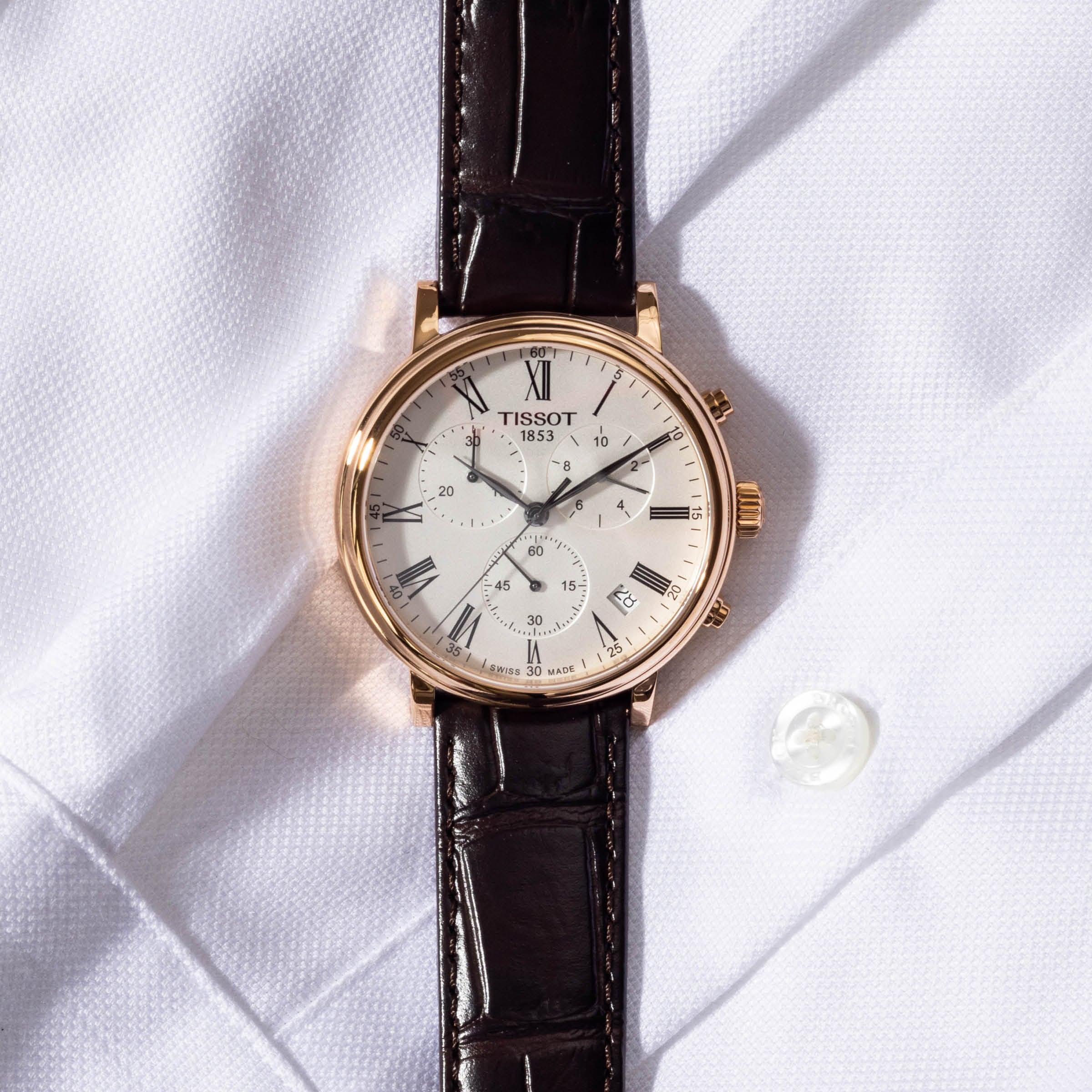 Tissot Carson Premium Chronograph Silver Dial Brown Leather Strap Watch For Men - T122.417.36.033.00