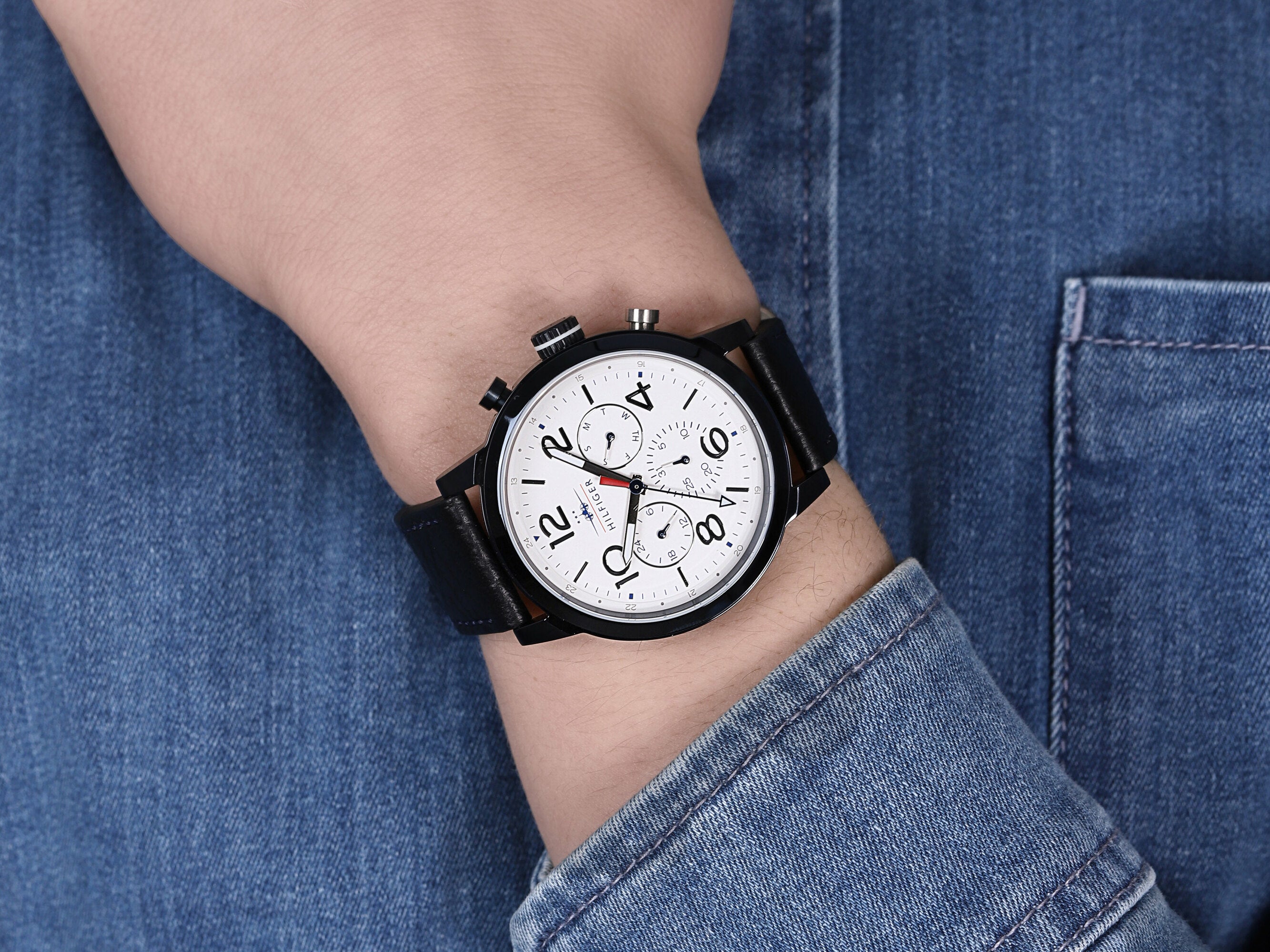 Tommy Hilfiger Jake Multi Function Quartz White Dial Black Leather Strap Watch for Men - 1791235