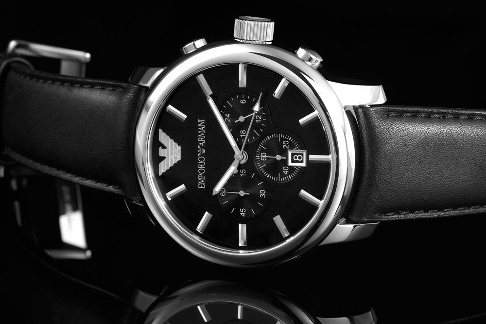 Emporio Armani Classic Chronograph Black Dial Black Leather Strap Watch For Men - AR0431