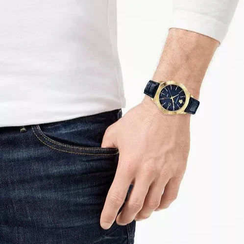 Versace Univers Navy Blue Dial Navy Blue Leather Strap Watch for Men - VEBK00318