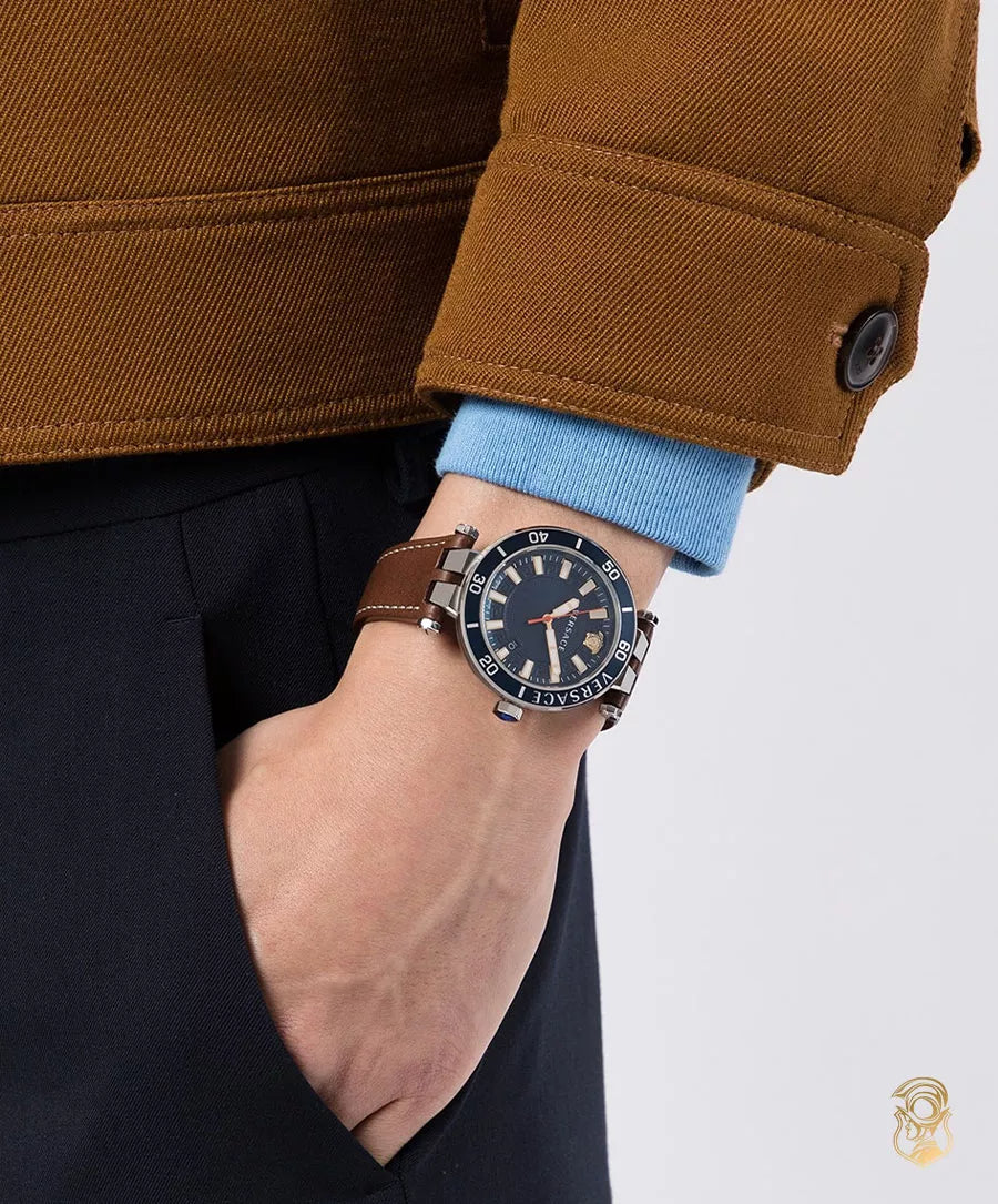 Versace Greca Sport Analog Blue Dial Brown Leather Strap Watch For Men - VEZ300121