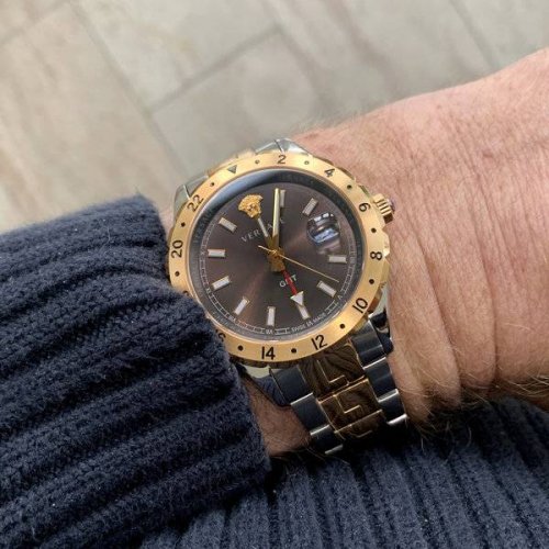 Versace Hellenyium GMT Black Dial Two Tone Steel Strap Watch for Men - V11040015