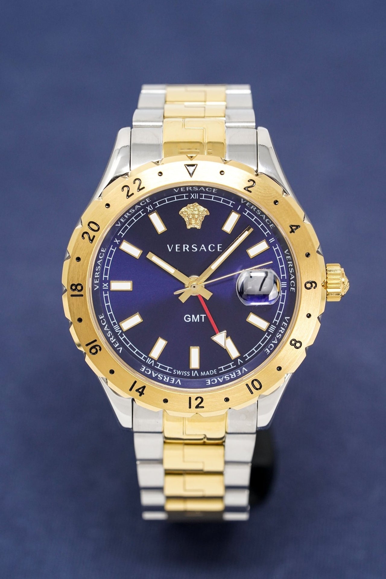 Versace Hellenyium GMT Blue Dial Two Tone Steel Strap Watch for Men - V11060017