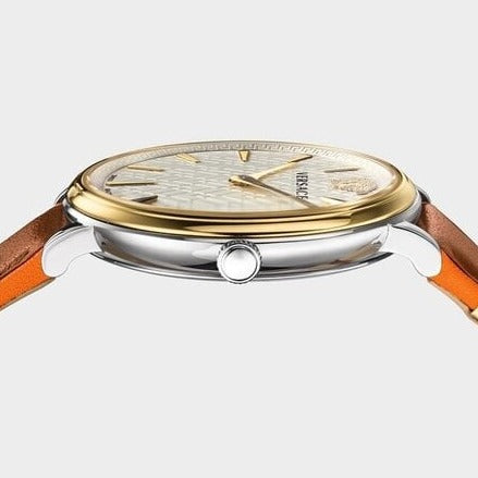 Versace V Circle Quartz Silver Dial Brown Leather Strap Watch For Women - VBP04017
