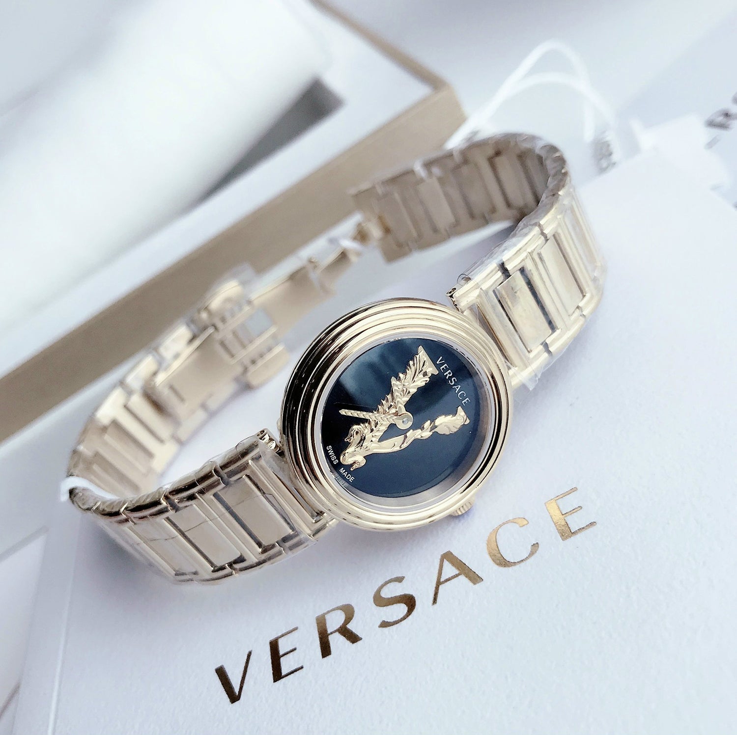 Versace V Virtus Quartz Black Dial Gold Steel Strap Watch For Women - VET300121
