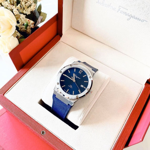 Salvatore Ferragamo F-80 Classic Blue Dial Blue Leather Strap Watch for Men - SFDT00719