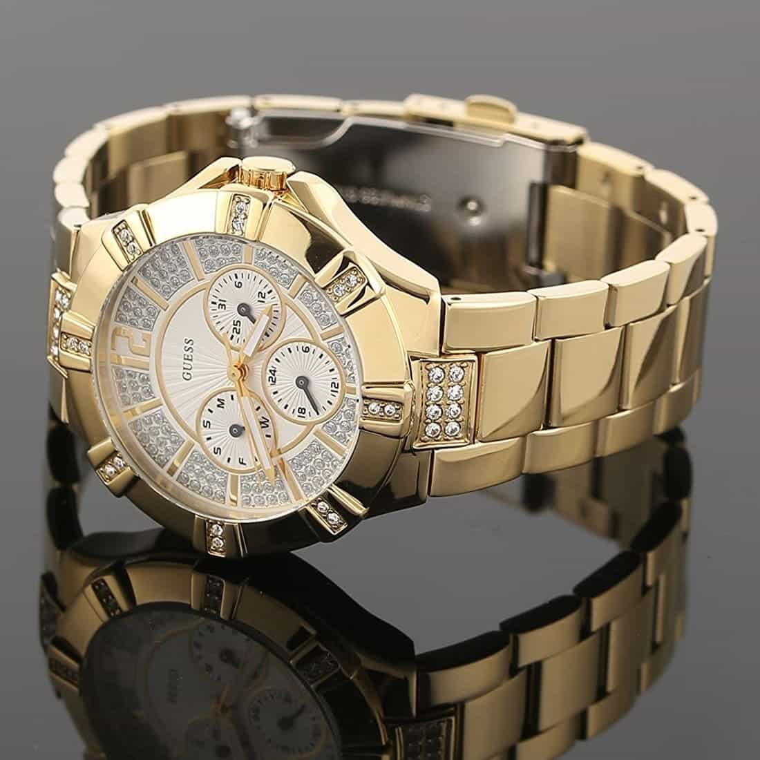 Guess Vista Diamonds Gold Dial Gold Steel Strap Watch for Women - W13573L1