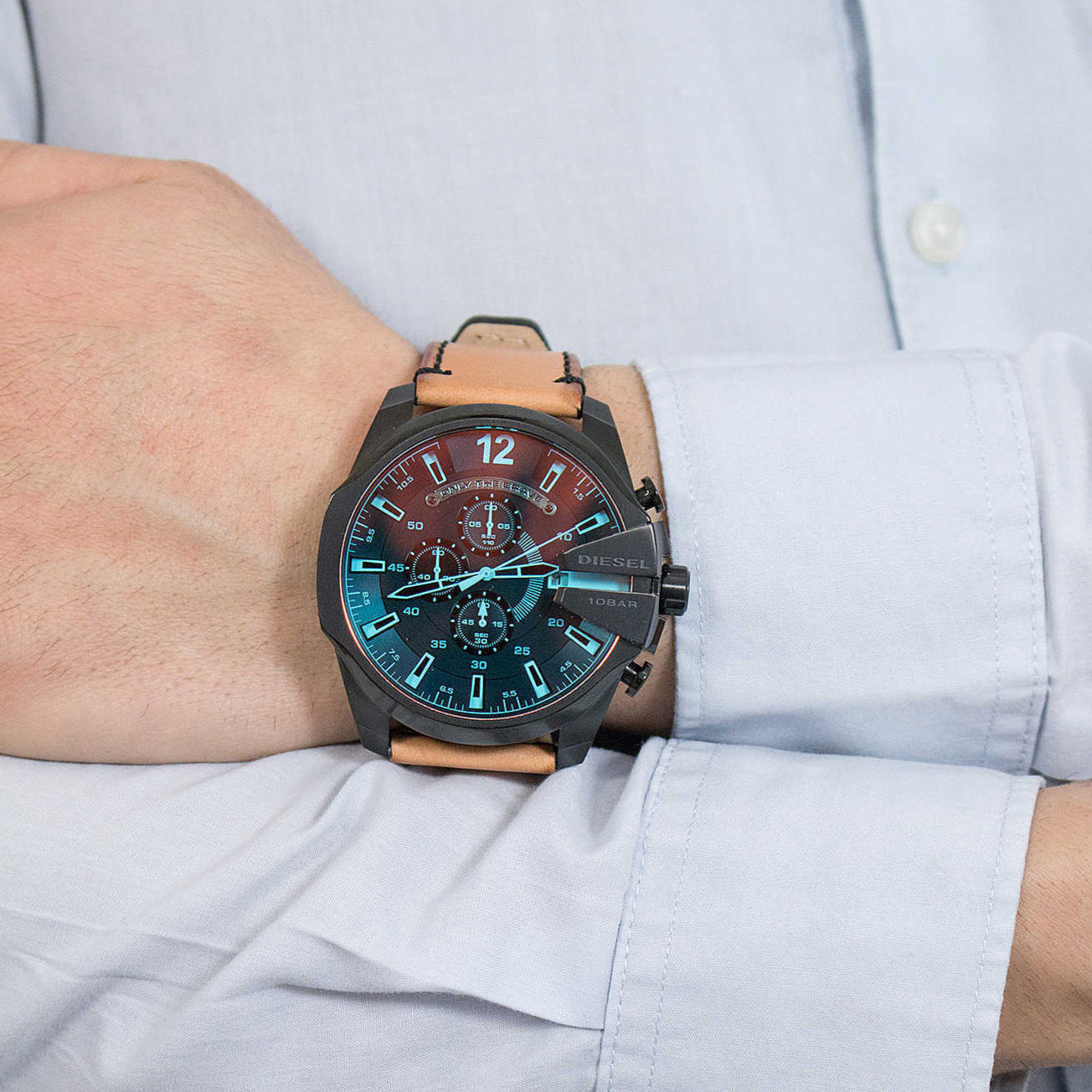 Diesel Mega Chief Chronograph Black Dial Brown Leather Strap Watch For Men - DZ4476