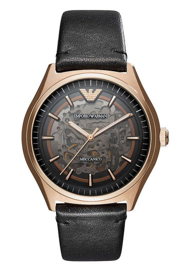 Emporio Armani Meccanico Black Dial Black Leather Watch For Men - AR60004