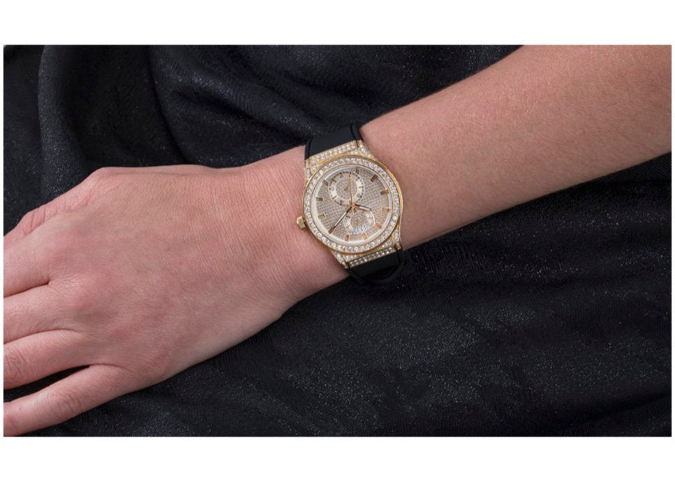 Guess Princess Crystals Gold Dial Black Silicone Strap Watch For Women - GW0439L2
