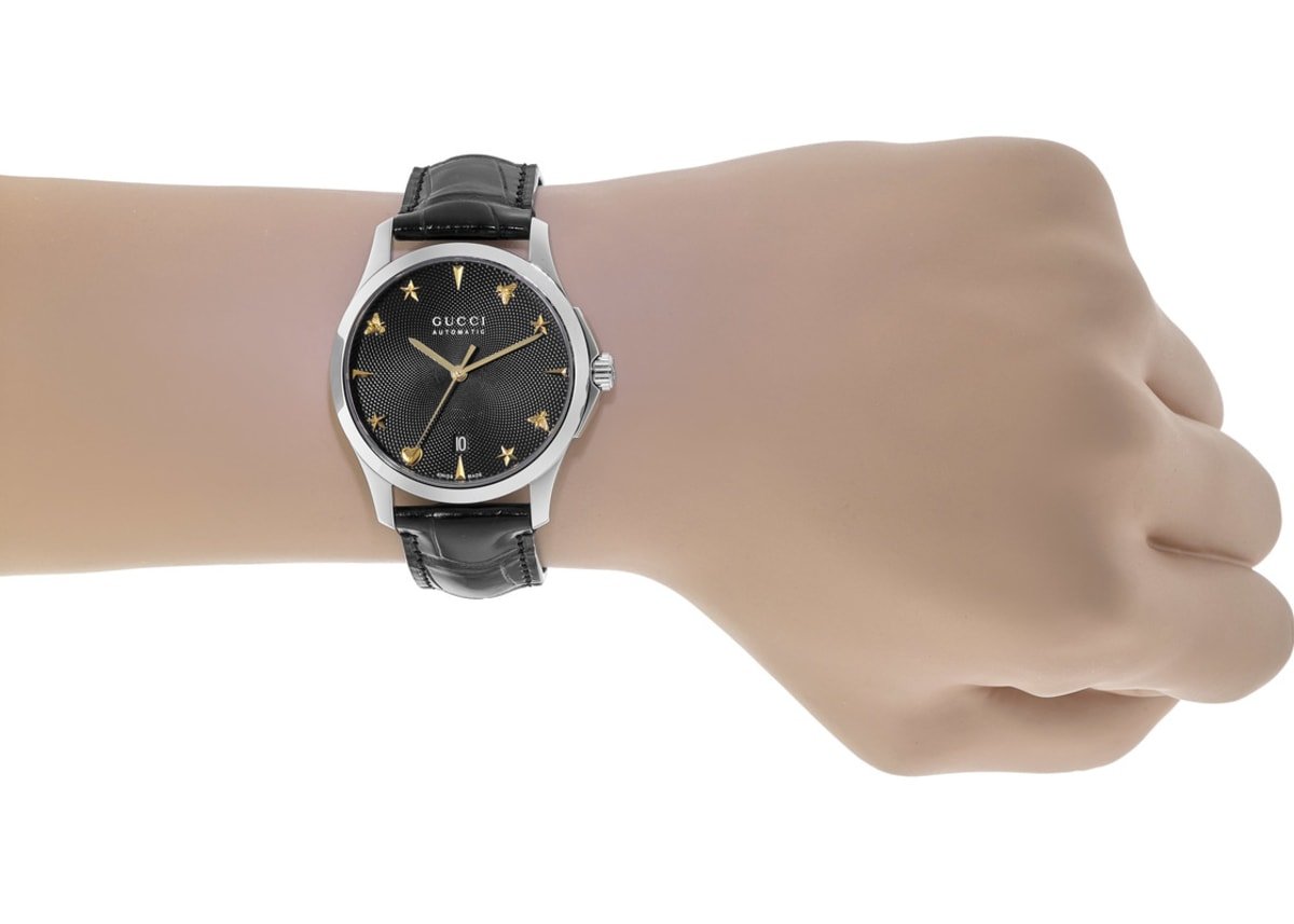 Gucci G Timeless Automatic Black Dial Black Leather Strap Watch For Women - YA126469