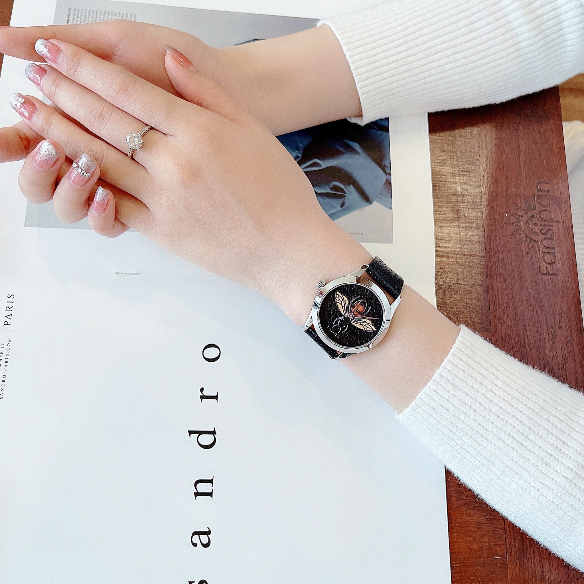 Gucci G Timeless Bee Black Dial Black Leather Strap Watch For Women - YA1264067