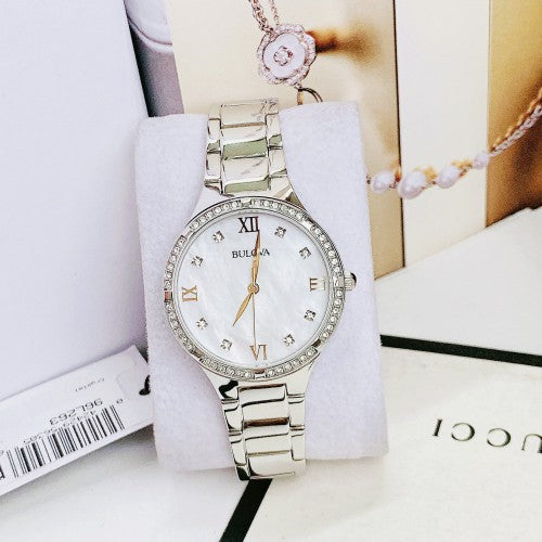 Bulova Crystal Collection Mother of Pearl Dial Silver Steel Strap Watch for Women - 96L263