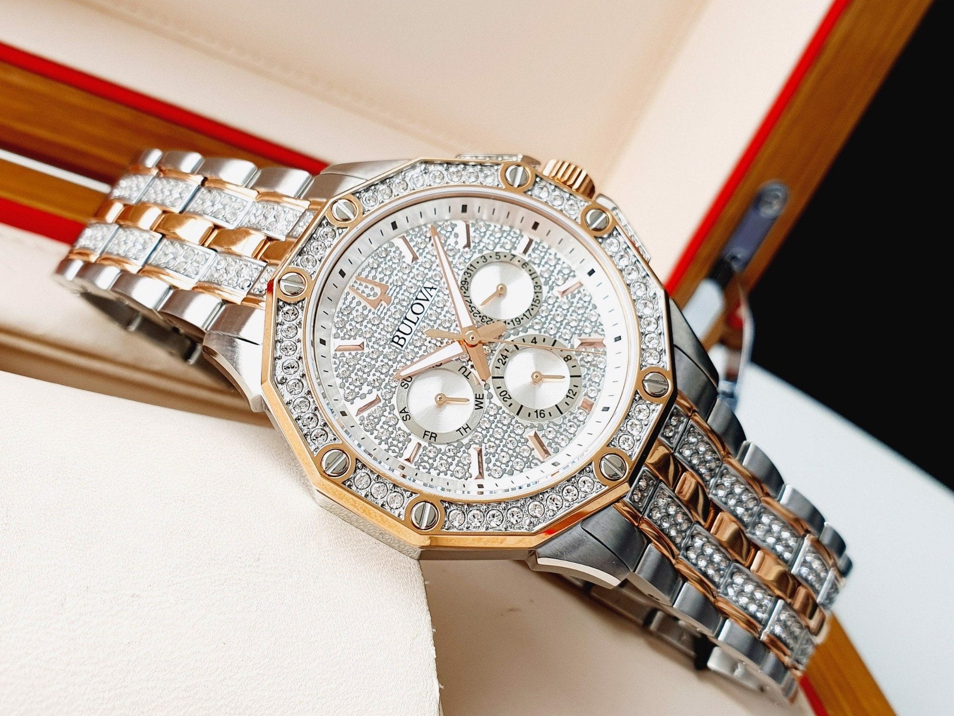Bulova Octova Crystal Silver Dial Two Tone Steel Strap Watch for Men - 98C133
