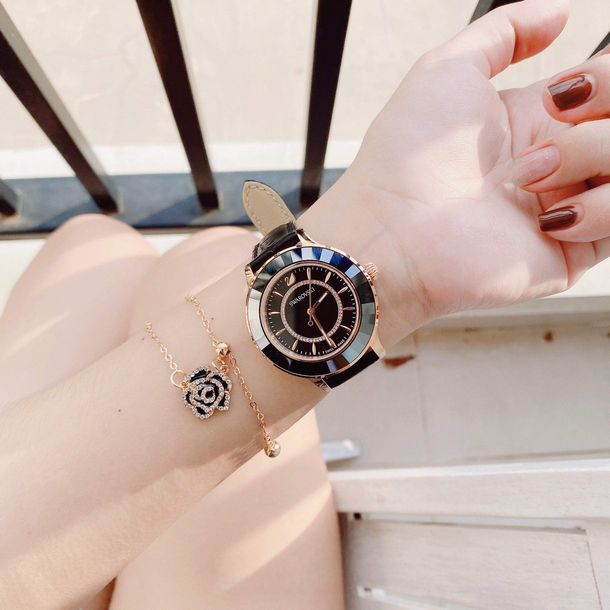 Swarovski Octea Lux Black Dial Black Leather Strap Watch for Women - 5414410