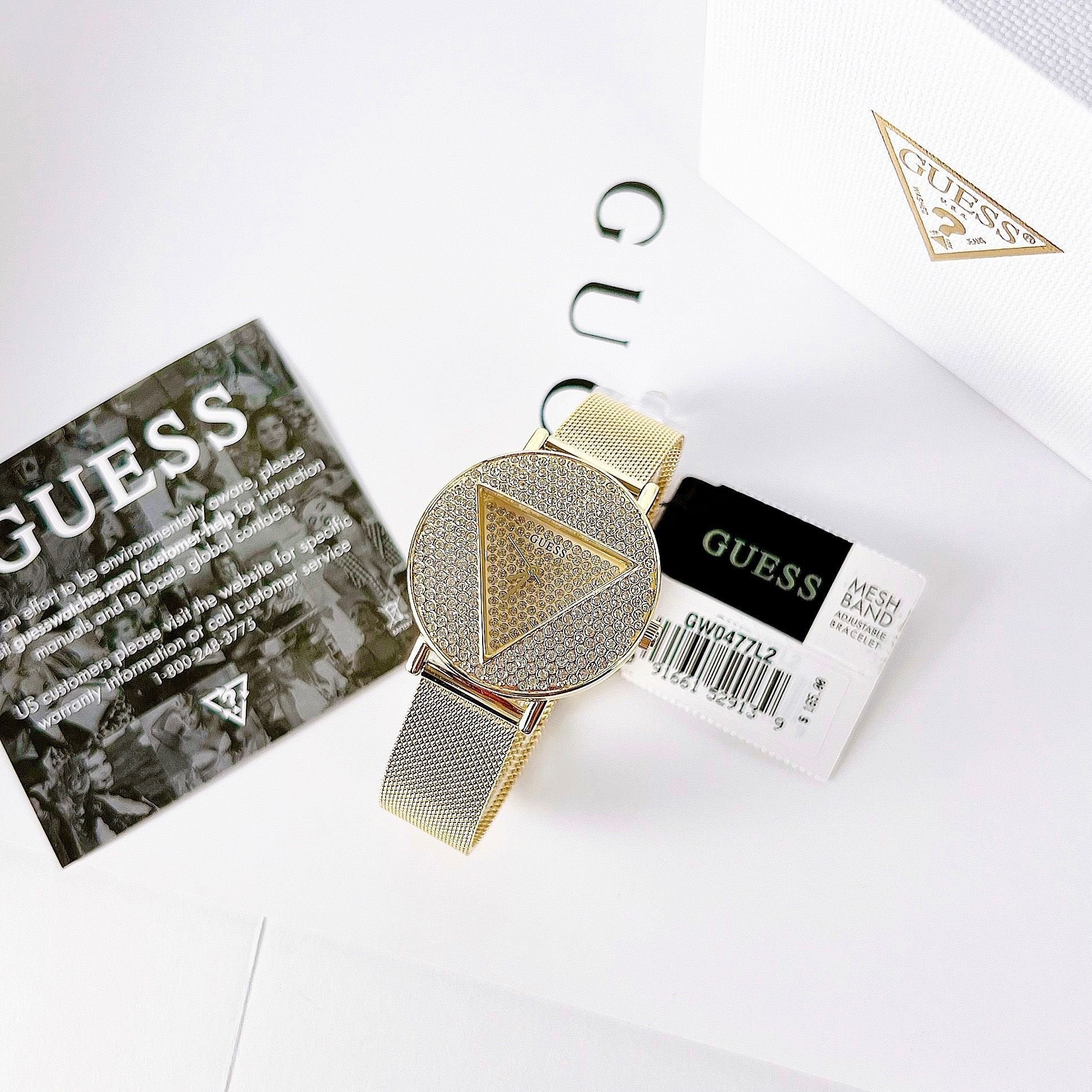 Guess Iconic Diamonds Gold Dial Gold Mesh Bracelet Watch For Women - GW0477L2