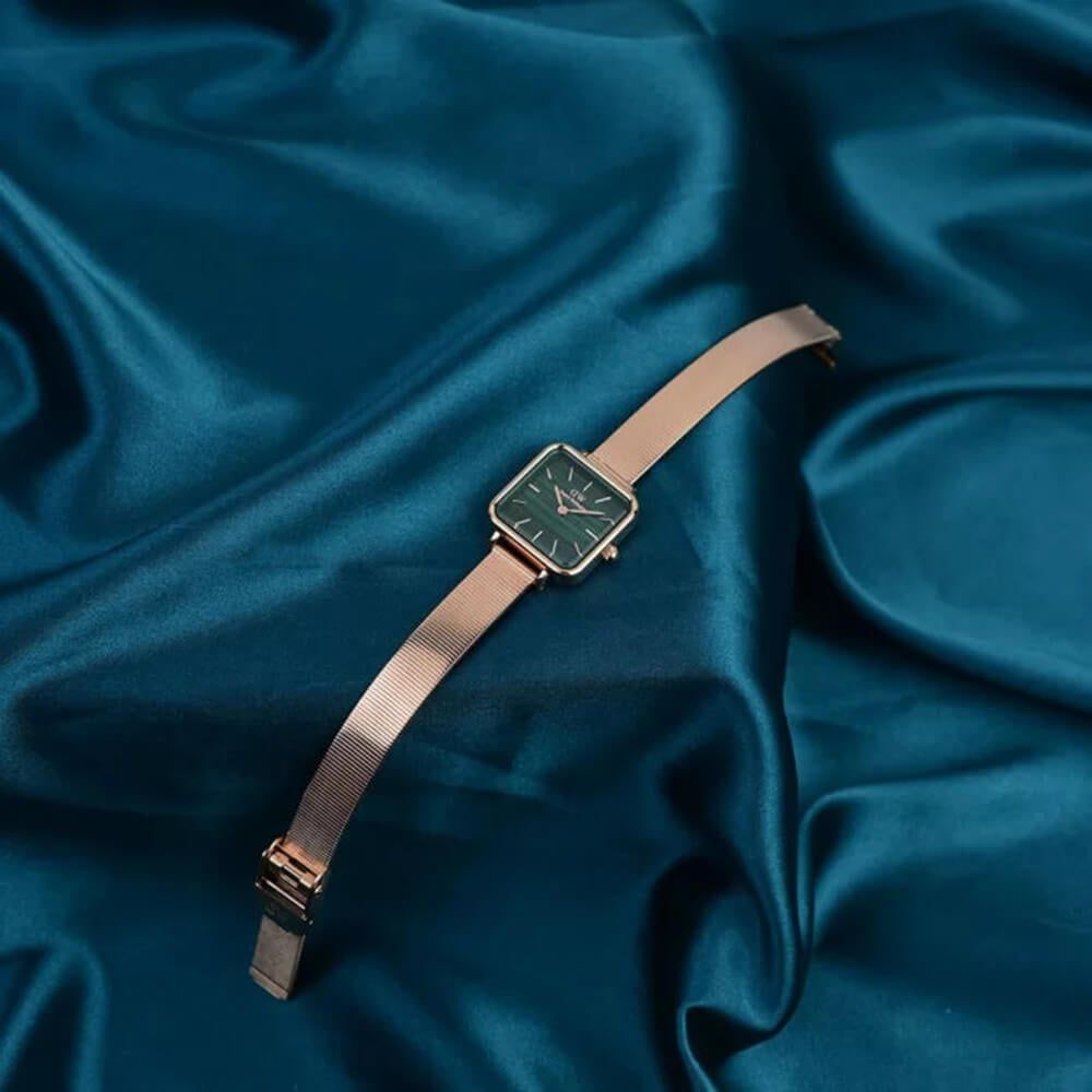 Daniel Wellington Quadro Studio Green Dial Rose Gold Mesh Strap Watch For Women - DW00100520