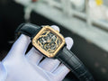 Fossil Inscription Automatic Skeleton Rose Gold Dial Black Leather Strap Watch for Men - BQ2572
