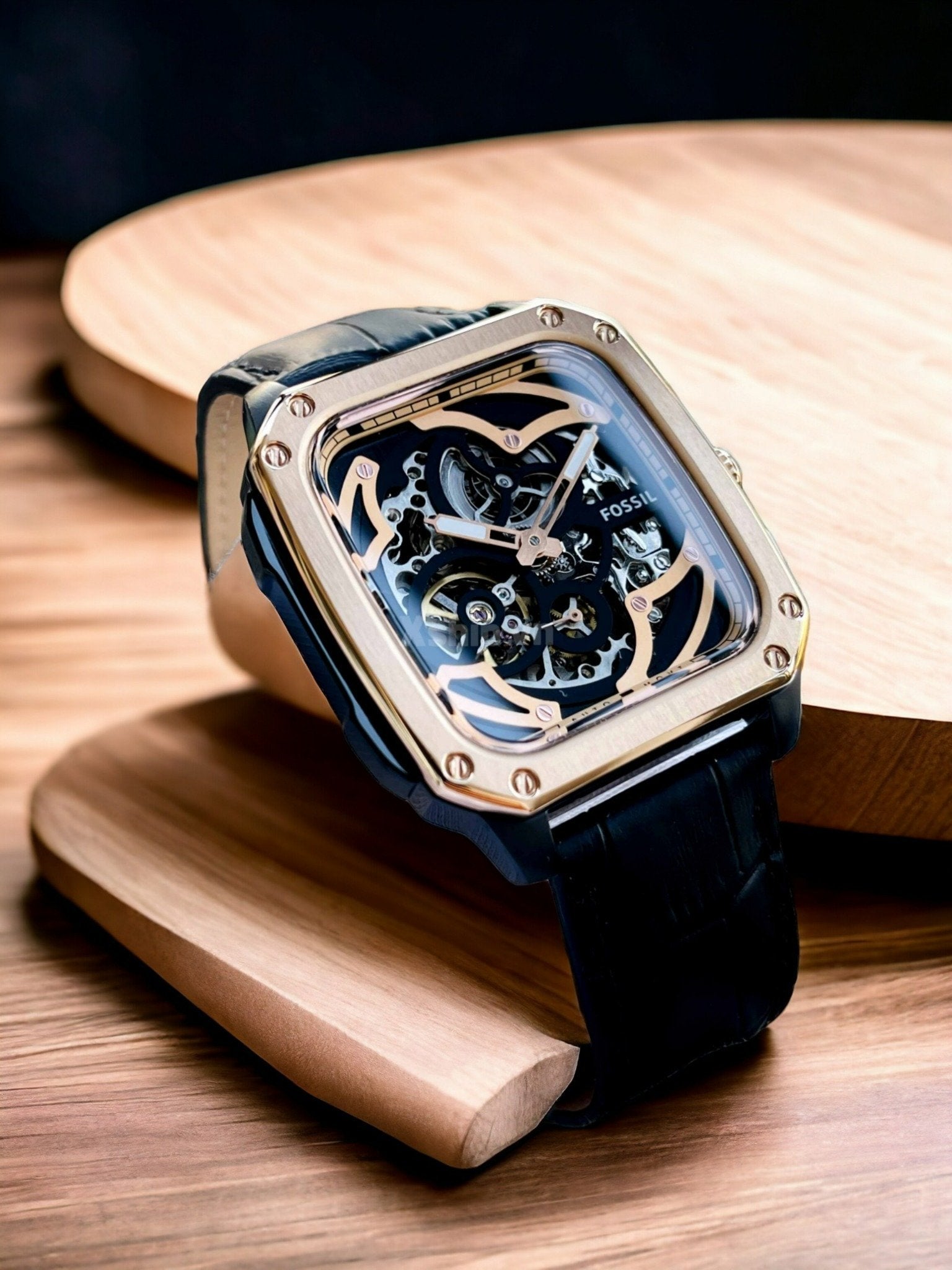 Fossil Inscription Automatic Skeleton Rose Gold Dial Black Leather Strap Watch for Men - BQ2572