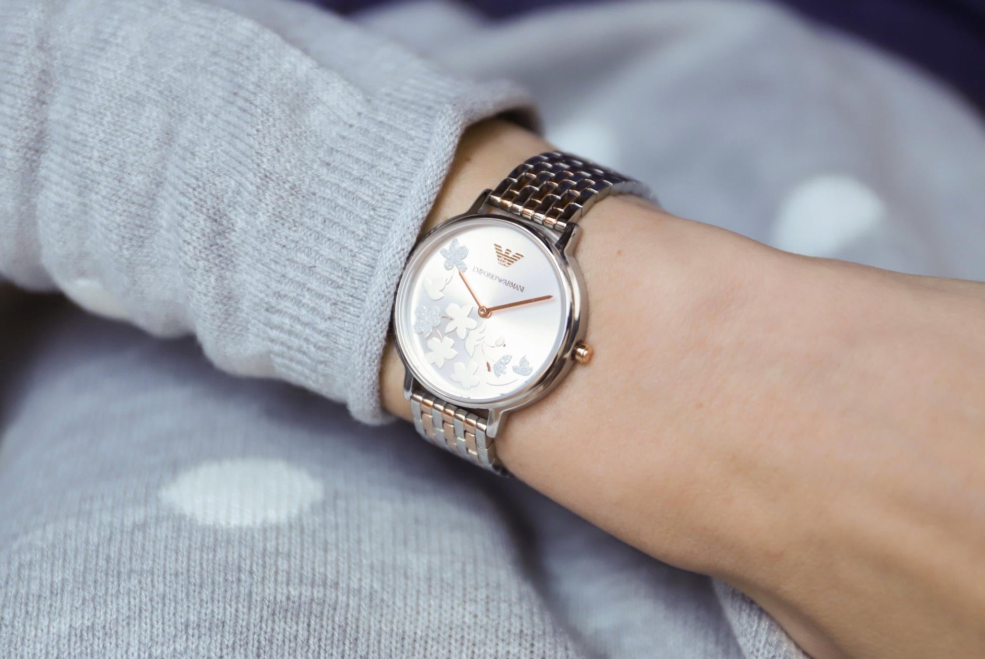 Emporio Armani Silver Sunray Dial Two Tone Steel Strap Watch For Women - AR11113