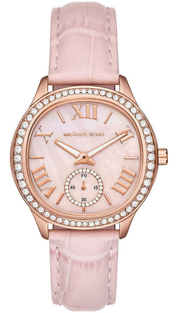 Michael Kors Sage Three-Hand Mother of Pearl Pink Dial Pink Leather Strap Watch for Women - MK4820