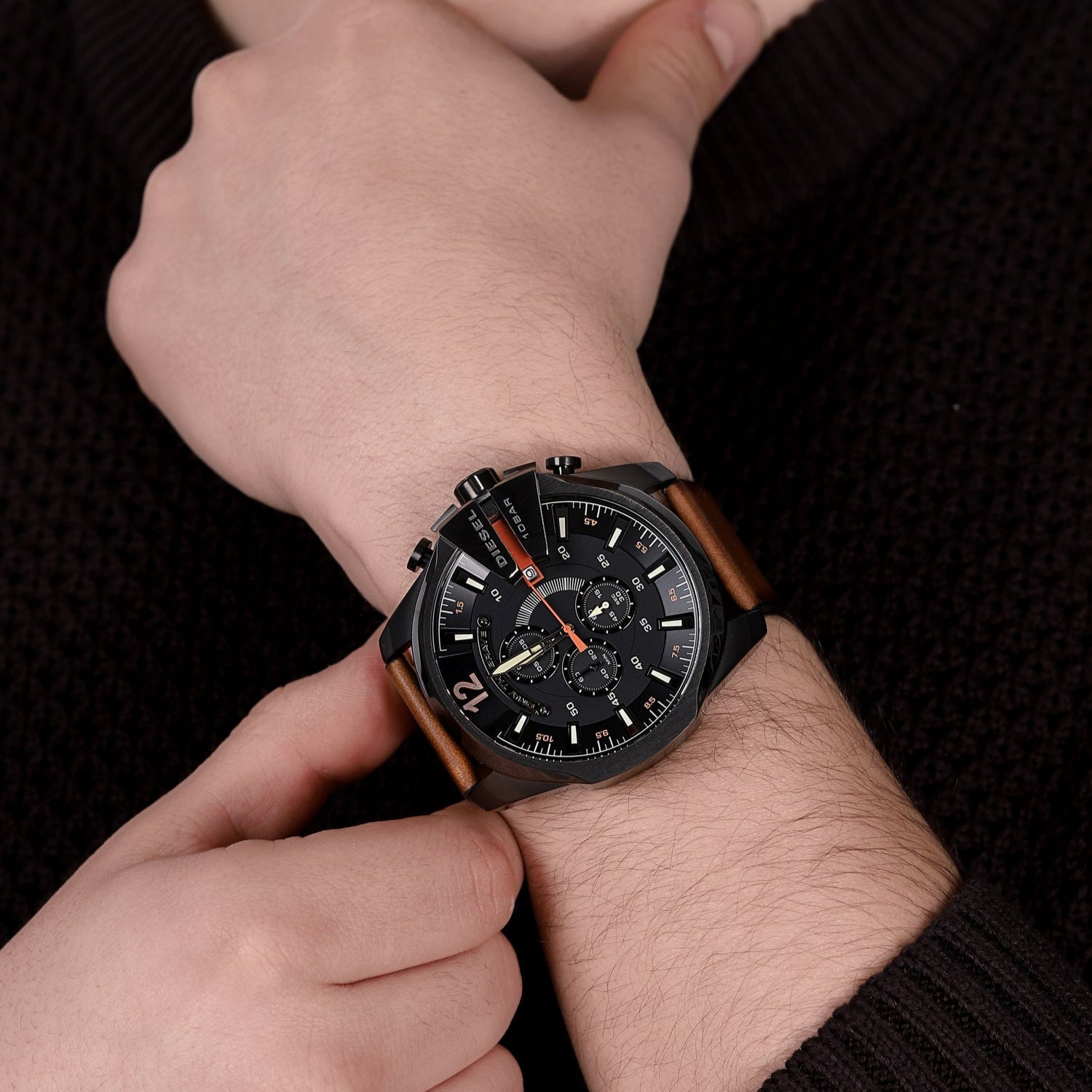 Diesel Mega Chief Chronograph Black Dial Brown Leather Strap Watch For Men - DZ4343