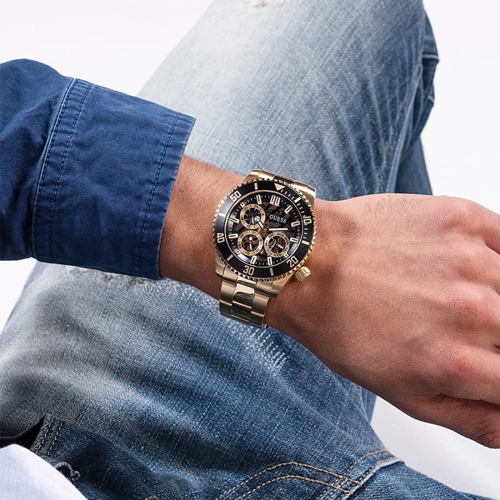 Guess Axle Multifunction Black Dial Gold Steel Strap Watch For Men - GW0488G2