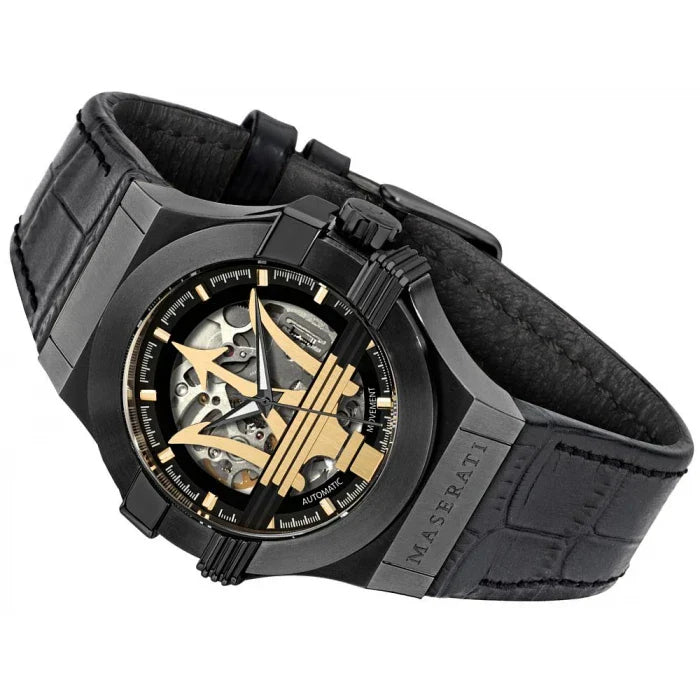 Maserati Potenza Automatic Black Dial Black Leather Strap Watch For Men - R8821108036
