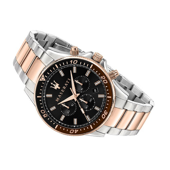 Maserati SFIDA Chronograph Black Dial Two Tone Steel Strap Watch For Men - R8873640009