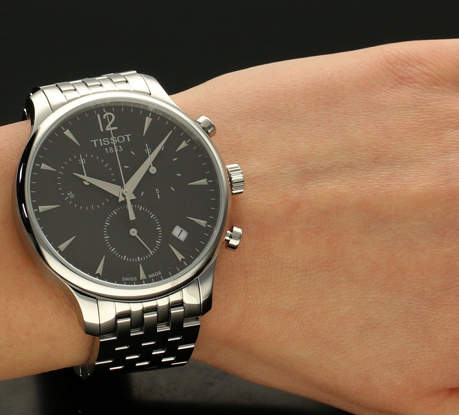 Tissot T Classic Tradition Chronograph Black Dial Silver Steel Strap Watch For Men - T063.617.11.067.00