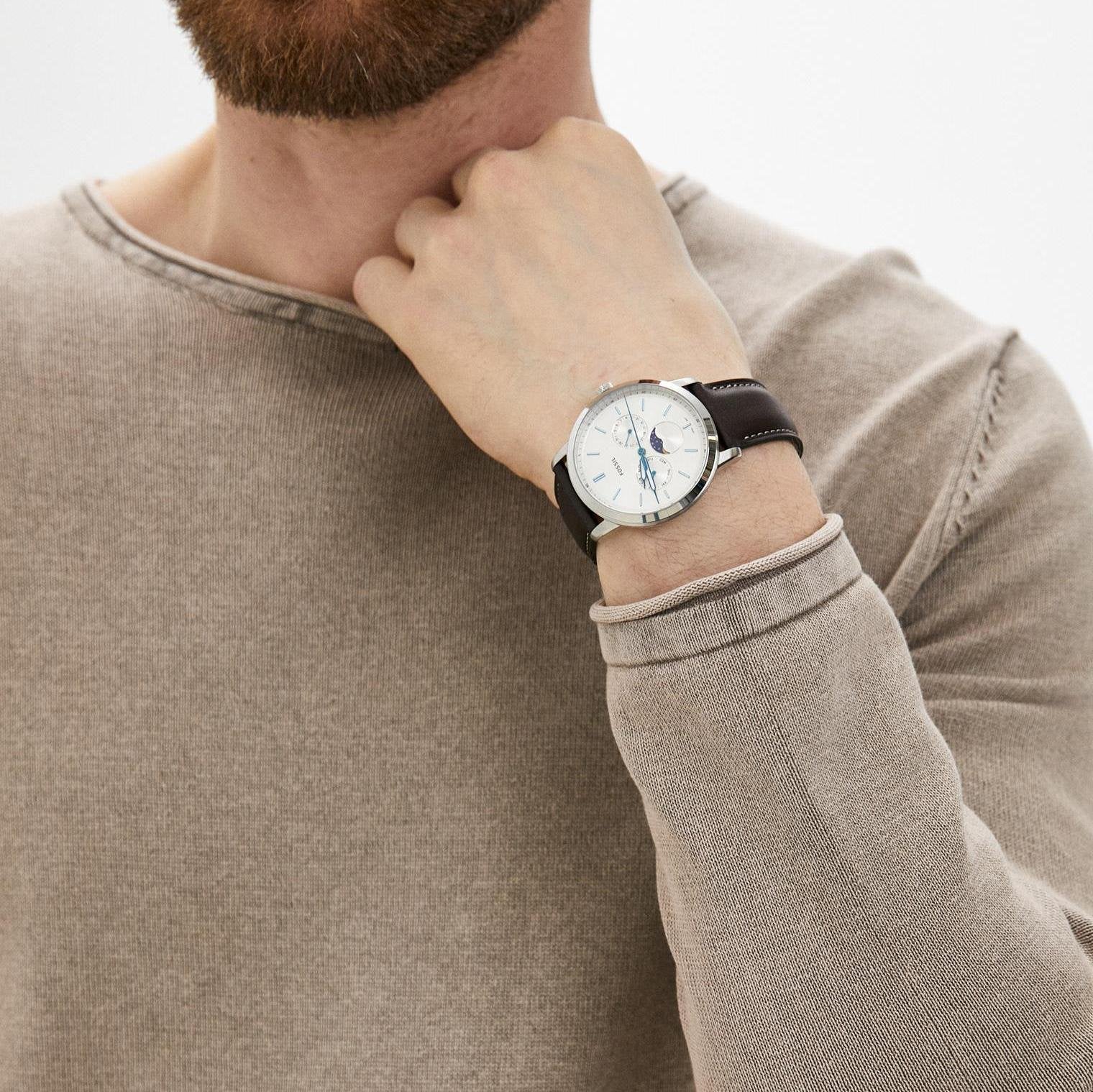 Fossil Neutra Minimalist Moonphase Silver Dial Brown Leather Strap Watch for Men - FS5905